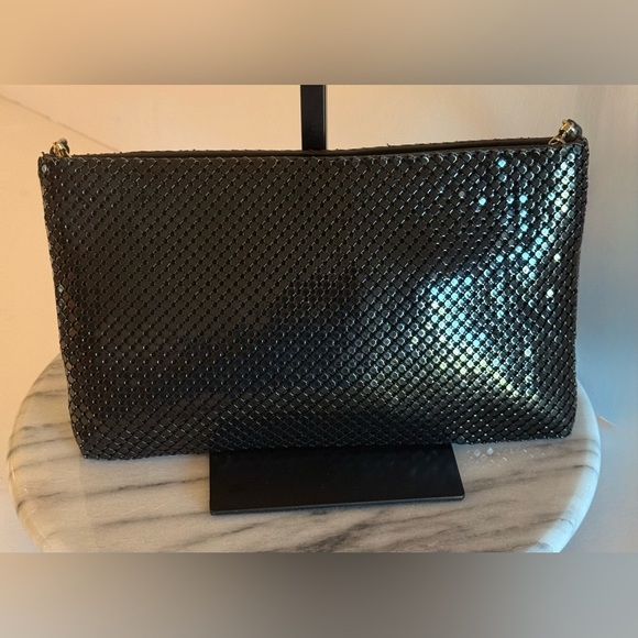 Vintage Whiting and Davis Black Mesh Evening Purse Leather Strap Gold Hardware - Picture 1 of 14
